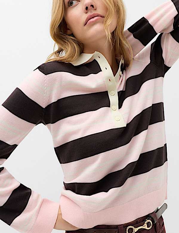 Pure Merino Wool Striped Collared Jumper - CN