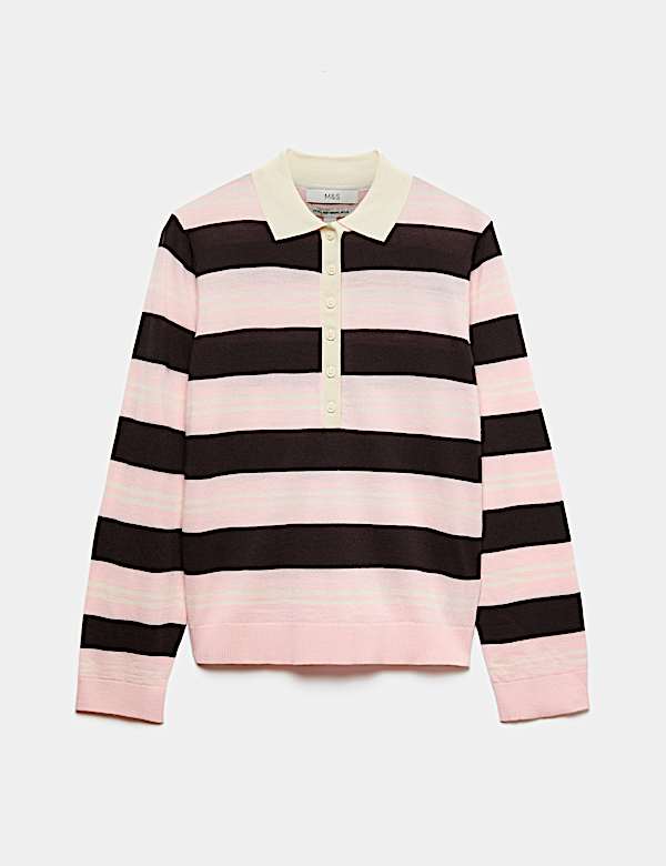 Pure Merino Wool Striped Collared Jumper - CN