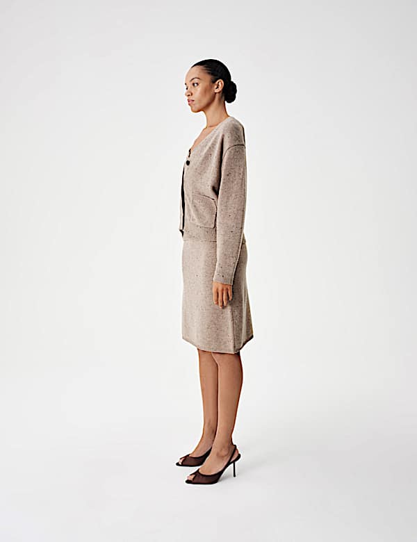 Cardigan en laine m&eacute;lang&eacute;e textur&eacute;e &agrave; col en V et fermeture avant boutonn&eacute;e - FR