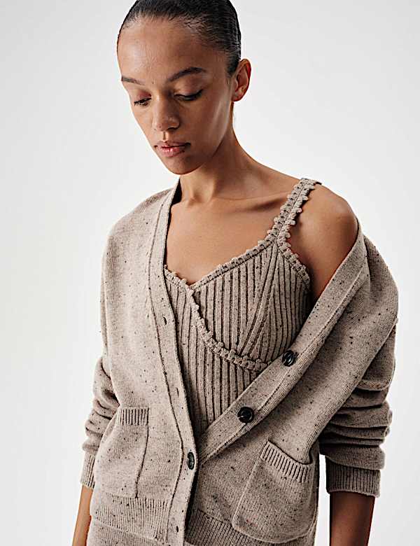 Cardigan en laine m&eacute;lang&eacute;e textur&eacute;e &agrave; col en V et fermeture avant boutonn&eacute;e - FR