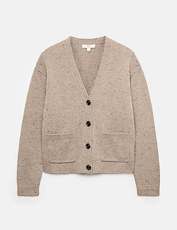 Cardigan en laine m&eacute;lang&eacute;e textur&eacute;e &agrave; col en V et fermeture avant boutonn&eacute;e - FR