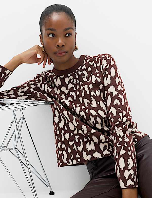 Animal Print Crew Neck Relaxed Jumper with Wool - NZ