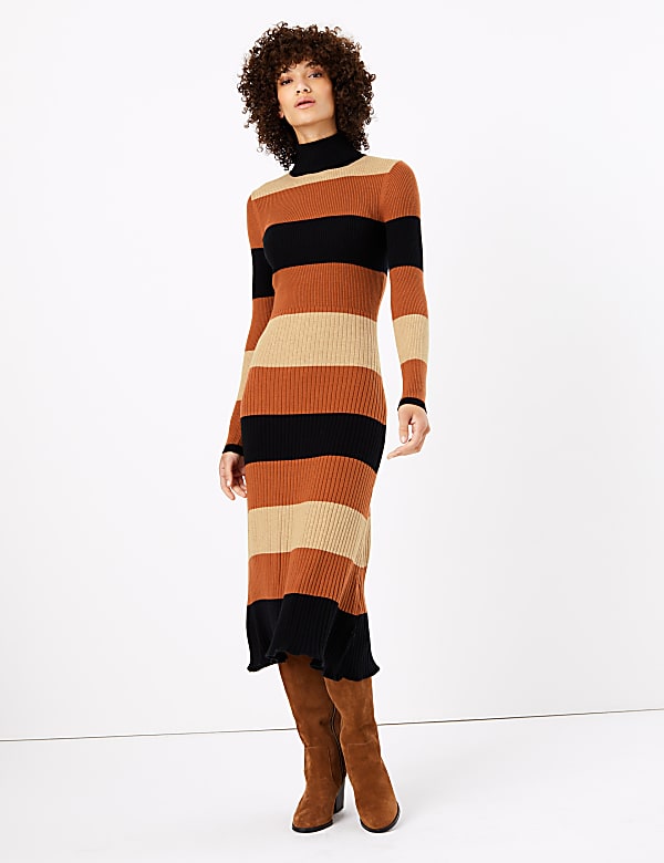 Striped Ribbed Fit & Flare Knitted Dress