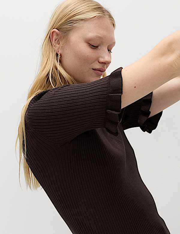 Ribbed Frill Detail Knitted Top - US
