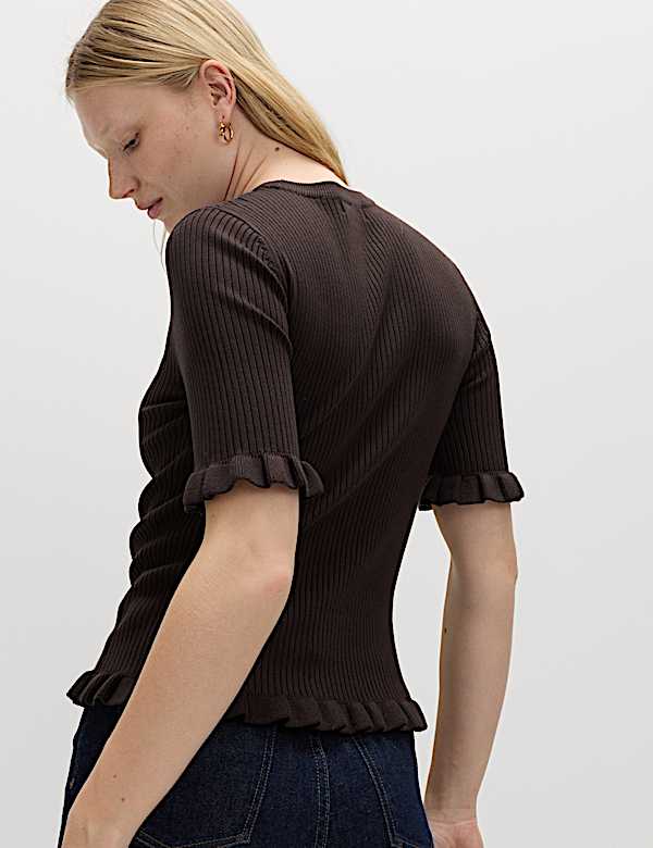 Ribbed Frill Detail Knitted Top - US