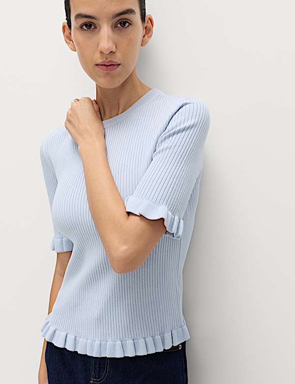 Ribbed Frill Detail Knitted Top | FADED BLUE | Tops | M&S NO