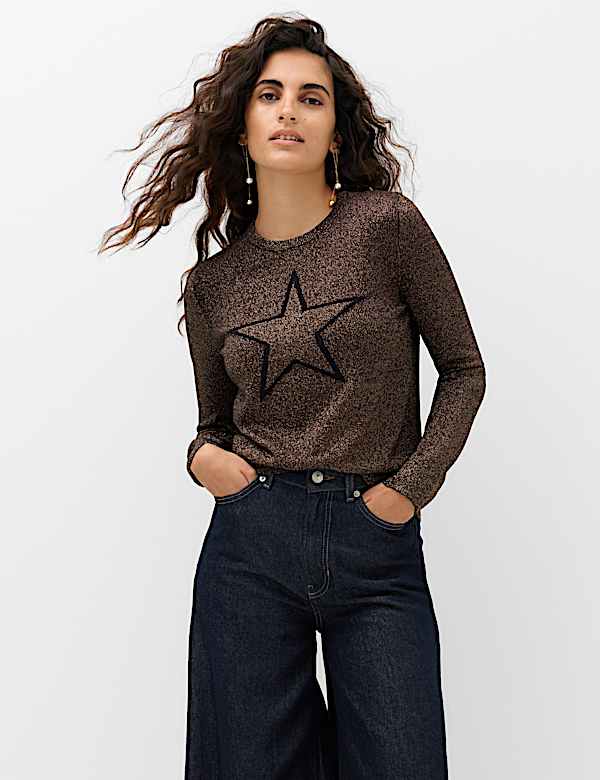 Rayon Rich Sparkly Star Crew Neck Fitted Jumper - CA