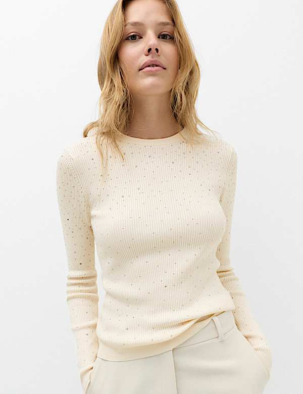 Rayon Rich Embellished Crew Neck Fitted Jumper - KR