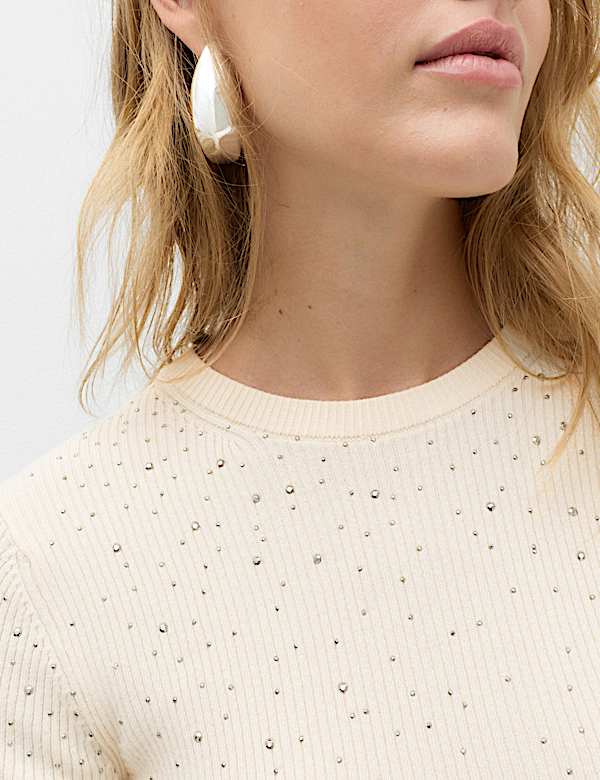 Rayon Rich Embellished Crew Neck Fitted Jumper - KR