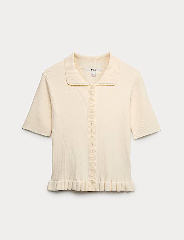 Ribbed Frill Detail Collared Cardigan - GR