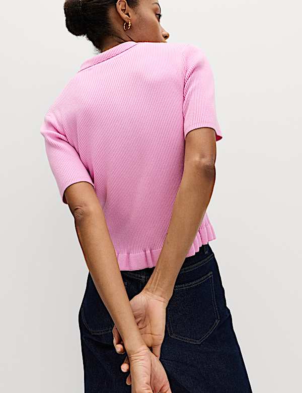 Ribbed Frill Detail Collared Cardigan - IT