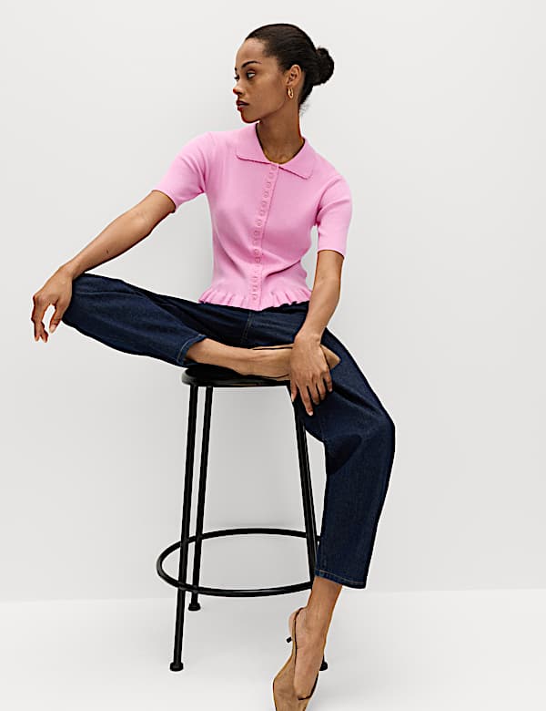 Ribbed Frill Detail Collared Cardigan - IT