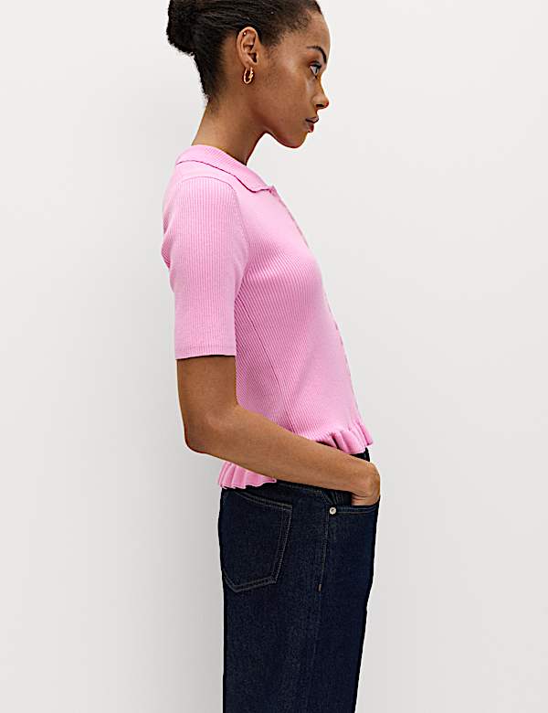 Ribbed Frill Detail Collared Cardigan - IT