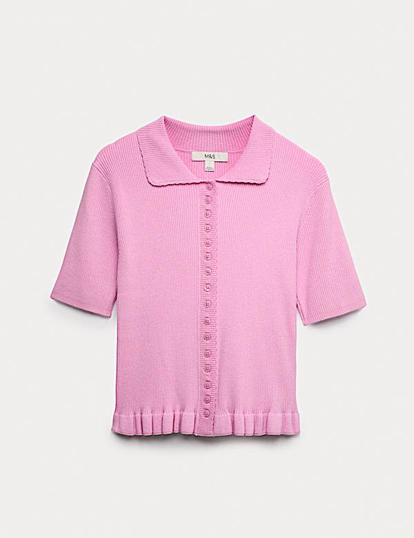 Ribbed Frill Detail Collared Cardigan - IT