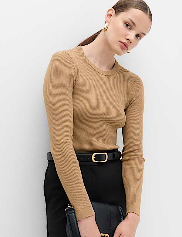 Ribbed Crew Neck Fitted Jumper
