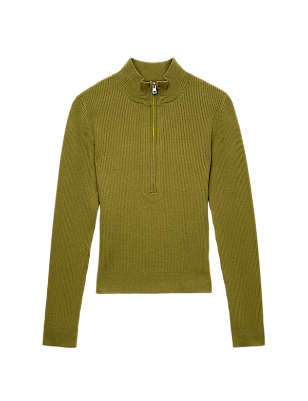 Ribbed Textured Half Zip Fitted Knitted Top
