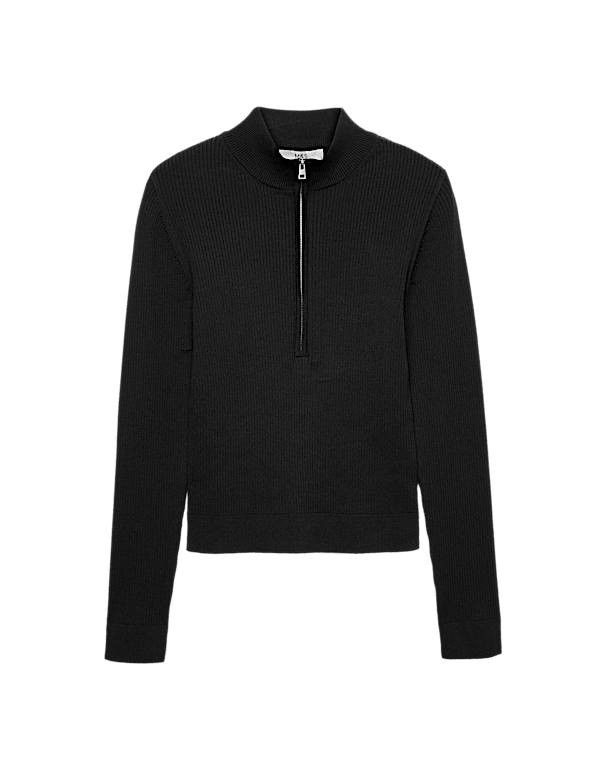 Ribbed Textured Half Zip Fitted Knitted Top