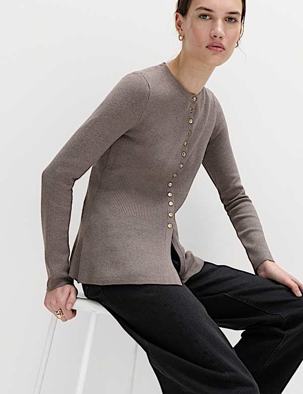 Crew Neck Peplum Slim Fit Cardigan - SE