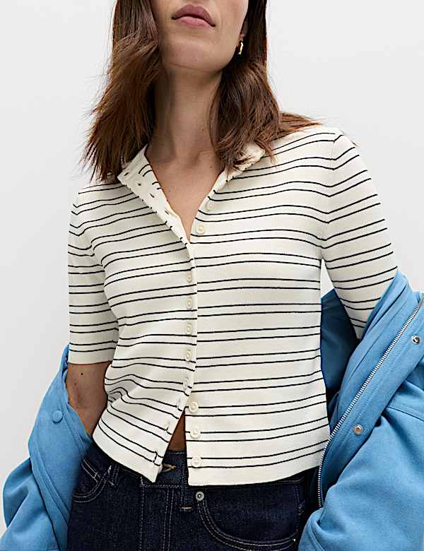 Striped Crew Neck Cropped Cardigan - IT