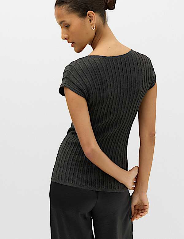 Ribbed Slash Neck Fitted Knitted Top - VN