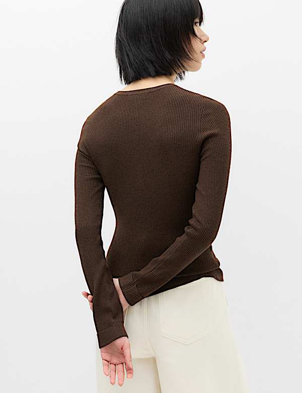 Ribbed Round Neck Fitted Knitted Top With Wool - US