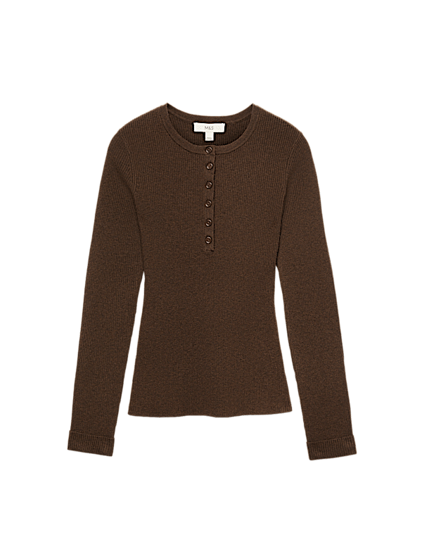 Ribbed Henley Neck Fitted Knitted Top