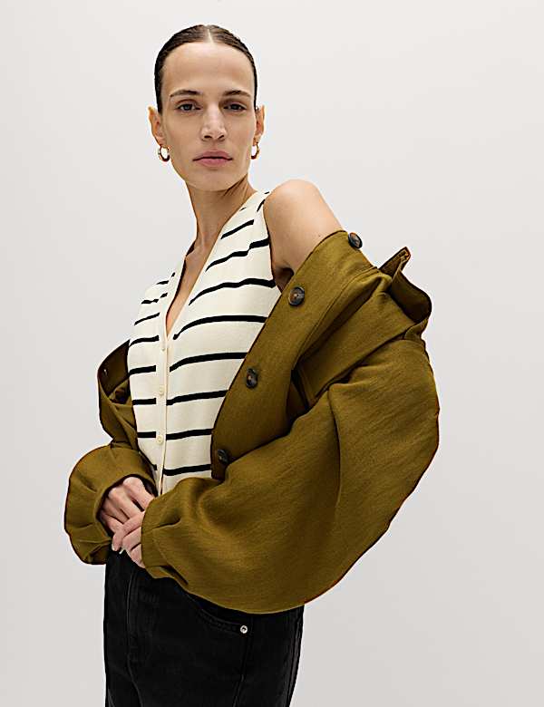 Striped V-Neck Cropped Knitted Waistcoat - JE