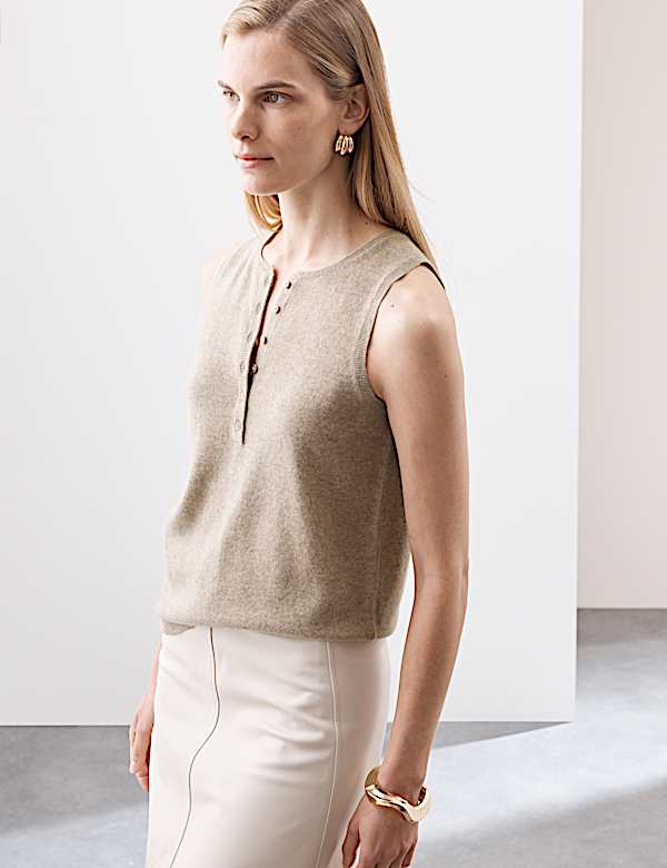 Pure Cashmere Button Detail Fitted Knitted Vest - LU