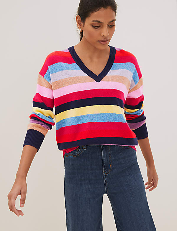 Pure Cashmere Striped V-Neck Jumper