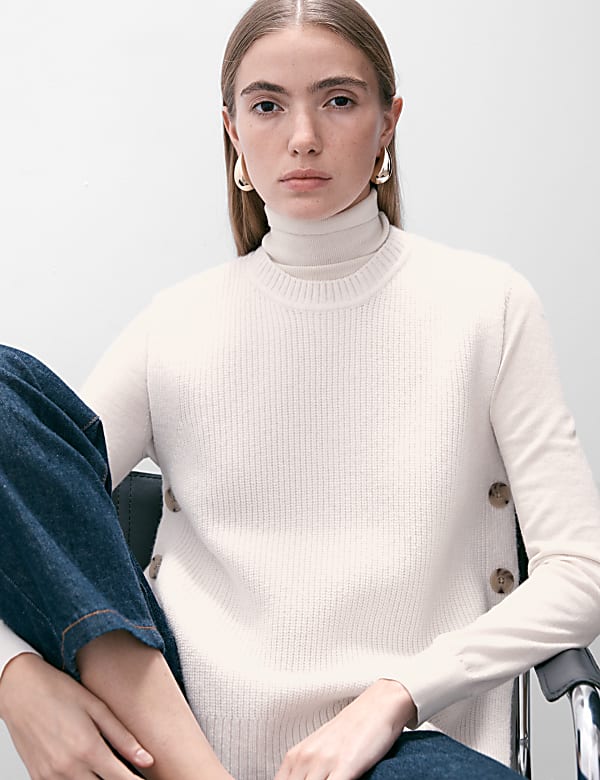 Wool Blend Ribbed Jumper with Cashmere CREAM Tops M S SK