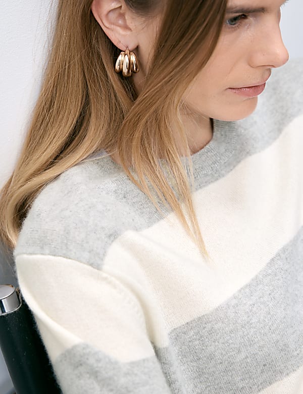 Pull 100 % cachemire &agrave; encolure ronde et rayures - FR