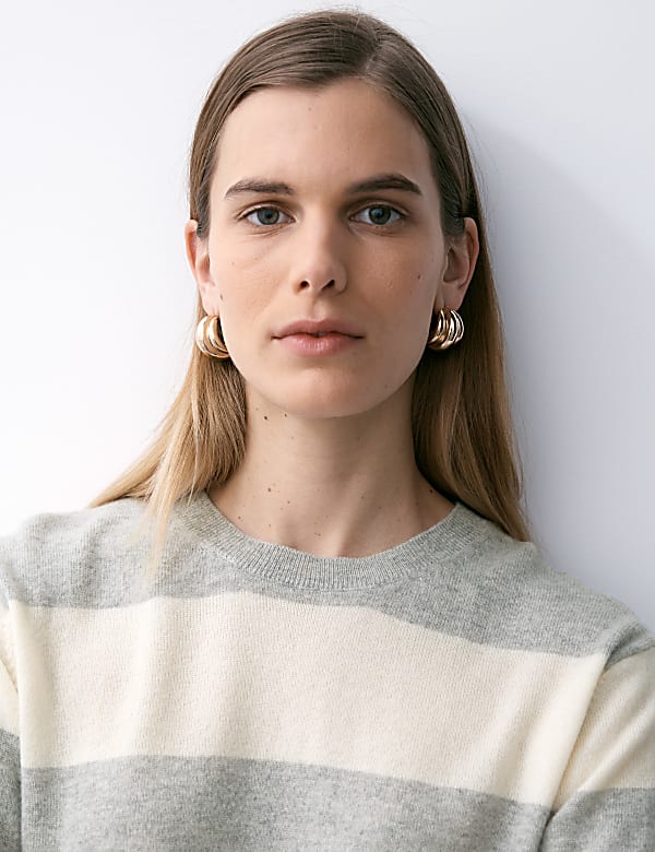 Pull 100 % cachemire &agrave; encolure ronde et rayures - FR