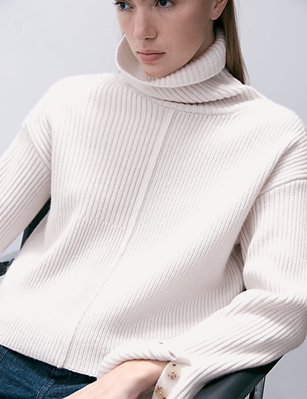 Wool Blend Ribbed Roll Neck Relaxed Jumper with Cashmere GRASS Jumpers M S IL