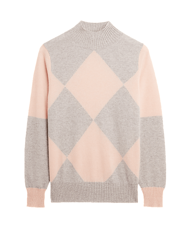 Pure Cashmere Patterned Funnel Neck Jumper