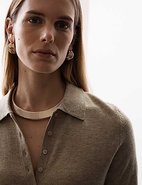 Merino Wool Rich Polo Neck Knitted Top with Cashmere - SK