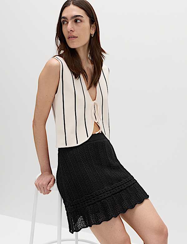 Cotton Rich Pointelle Knitted Mini Skirt - LU