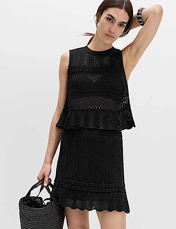 Cotton Rich Pointelle Knitted Mini Skirt - LU