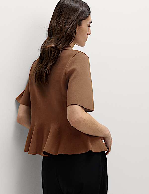 Peplum Collared Button Through Knitted Top - IS