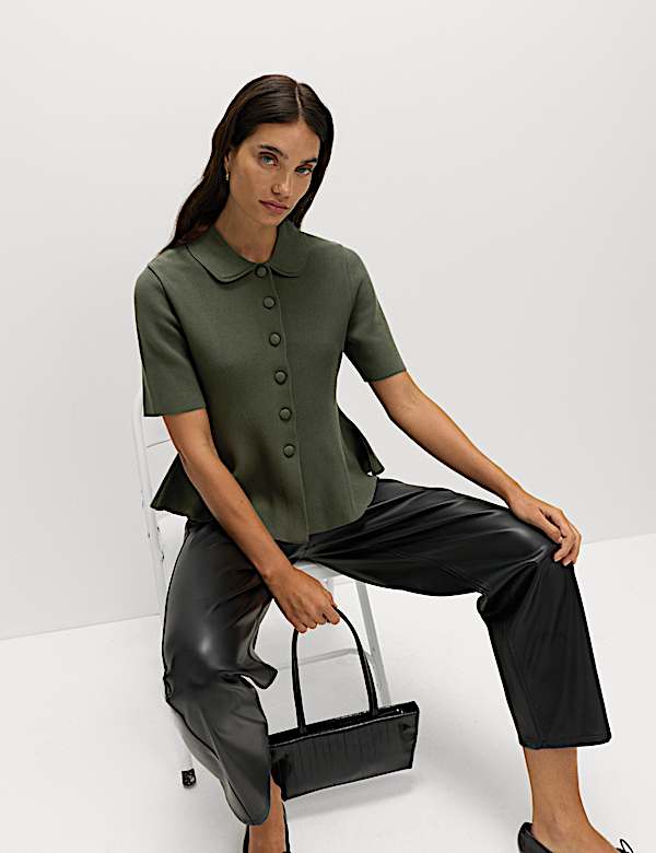 Peplum Collared Button Through Knitted Top - LT