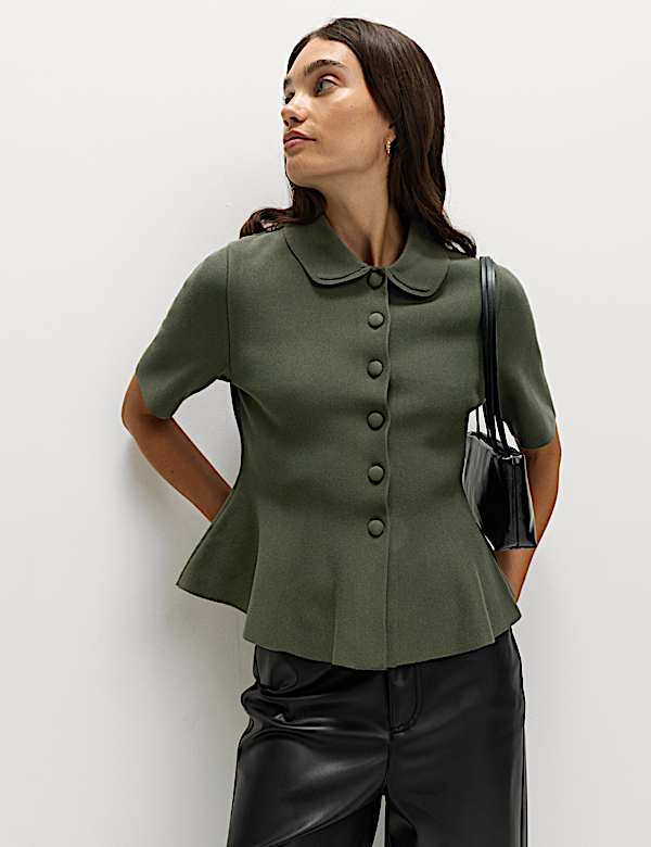Peplum Collared Button Through Knitted Top - LT