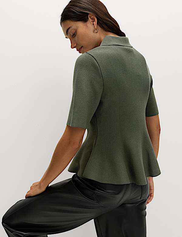 Peplum Collared Button Through Knitted Top - LT