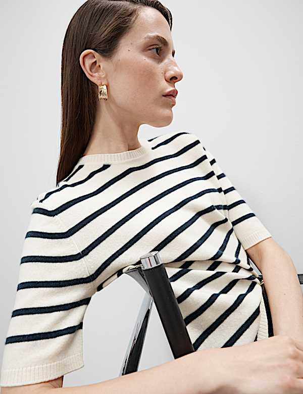 Pure Cashmere Striped Crew Neck Knitted Top - RO