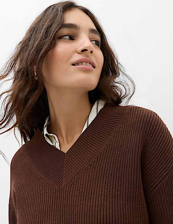 Ribbed V-Neck Longline Jumper - CN