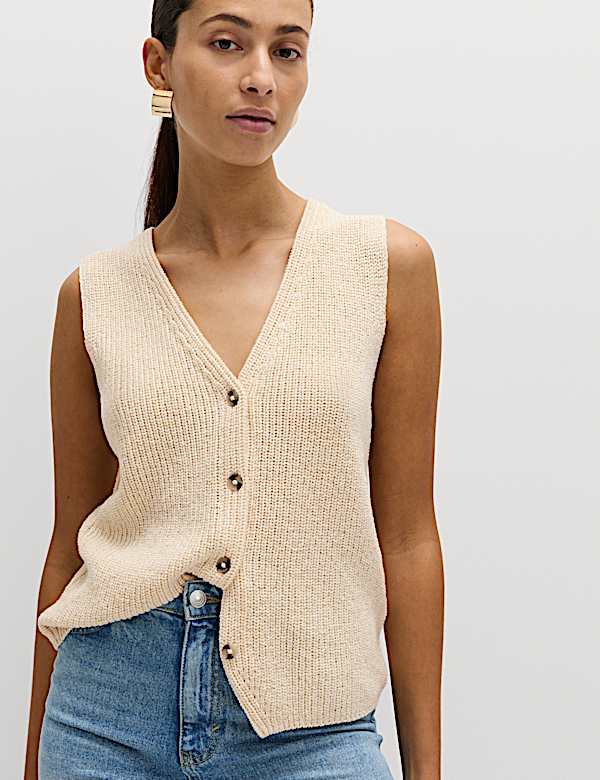 Cotton Blend Ribbed Knitted Waistcoat - JP