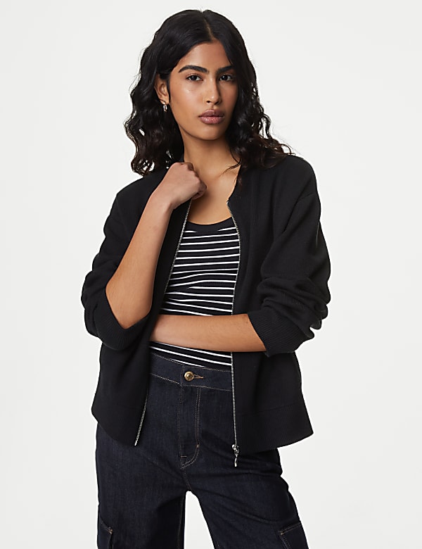 Knitted Textured Crew Neck Bomber Cardigan - AL