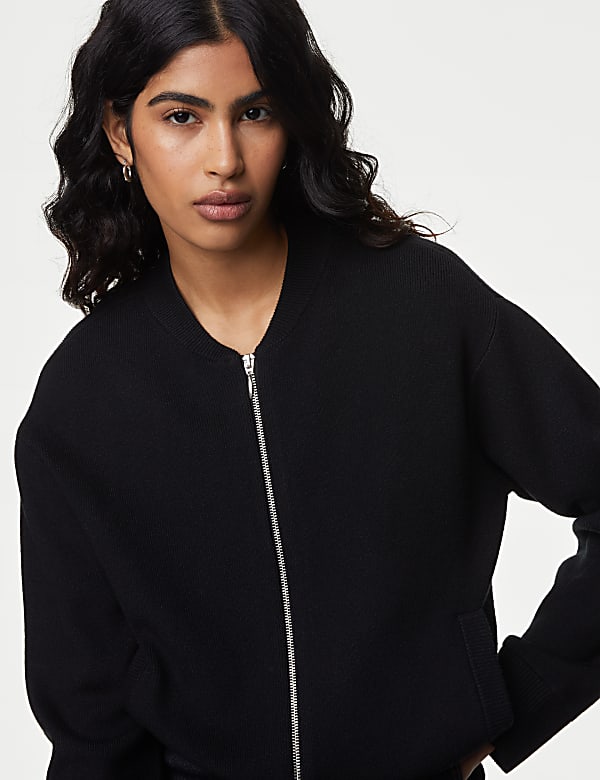 Knitted Textured Crew Neck Bomber Cardigan - AL