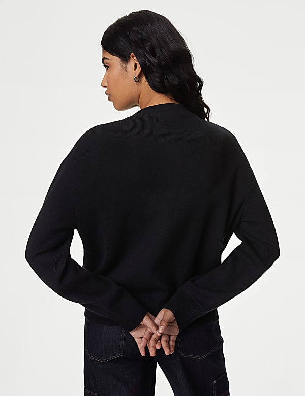 Knitted Textured Crew Neck Bomber Cardigan - AL