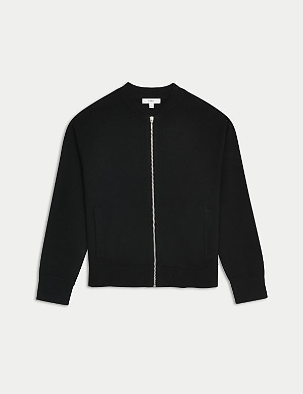 Knitted Textured Crew Neck Bomber Cardigan - AL