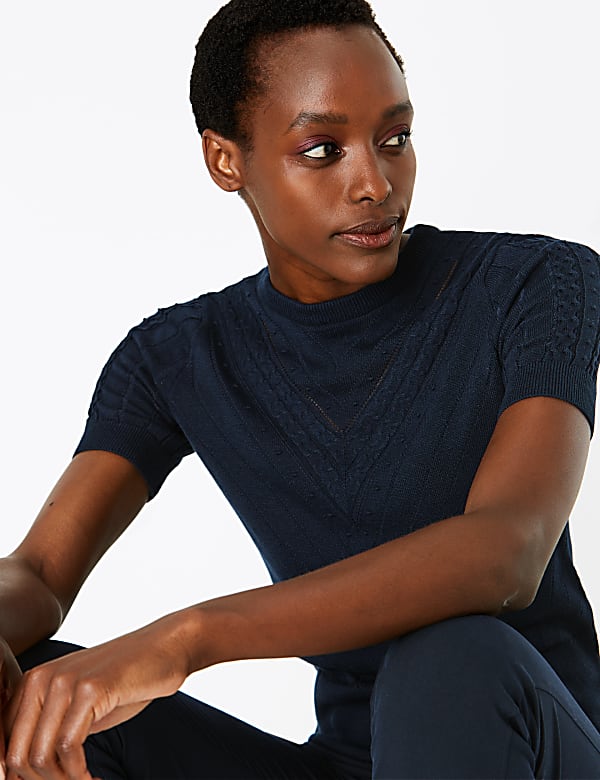Ribbed Crew Neck Short Sleeve Knitted Top