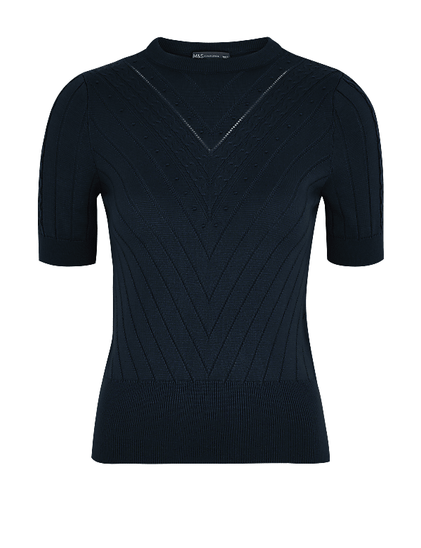 Ribbed Crew Neck Short Sleeve Knitted Top